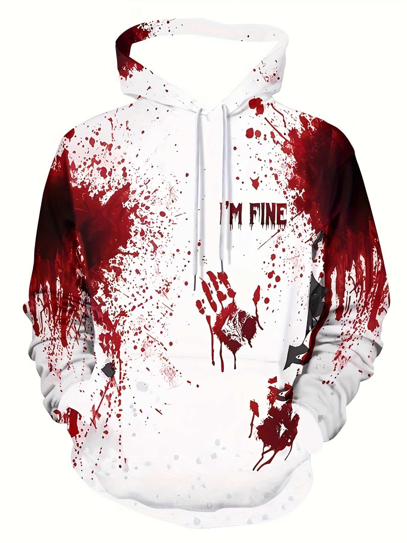 Men's "I'm Fine" Graphic White Hoodie with Red Blood Splatter & Handprint Design