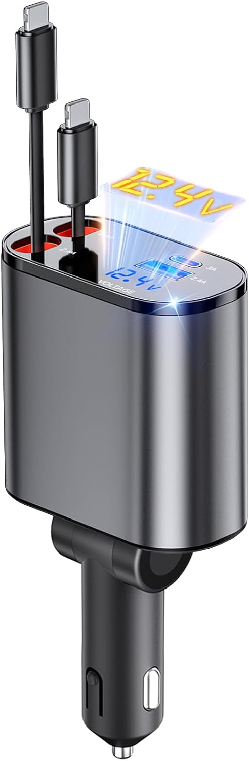 4 in 1 Fast Car Charger 66W, 2 Retractable Cables and USB Car Charger