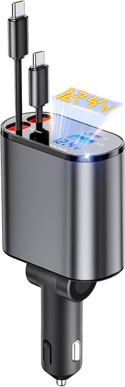 4 in 1 Fast Car Charger 66W, 2 Retractable Cables and USB Car Charger