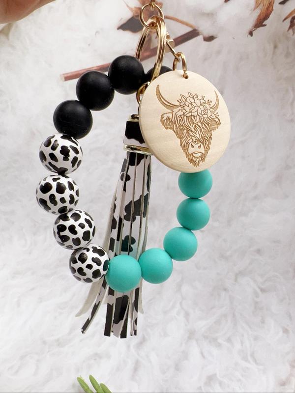Unisex Boho Style Cow Pattern Beaded Pendant Keychain for Car Keys