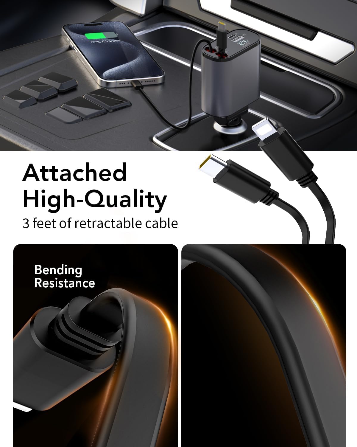 4 in 1 Fast Car Charger 66W, 2 Retractable Cables and USB Car Charger