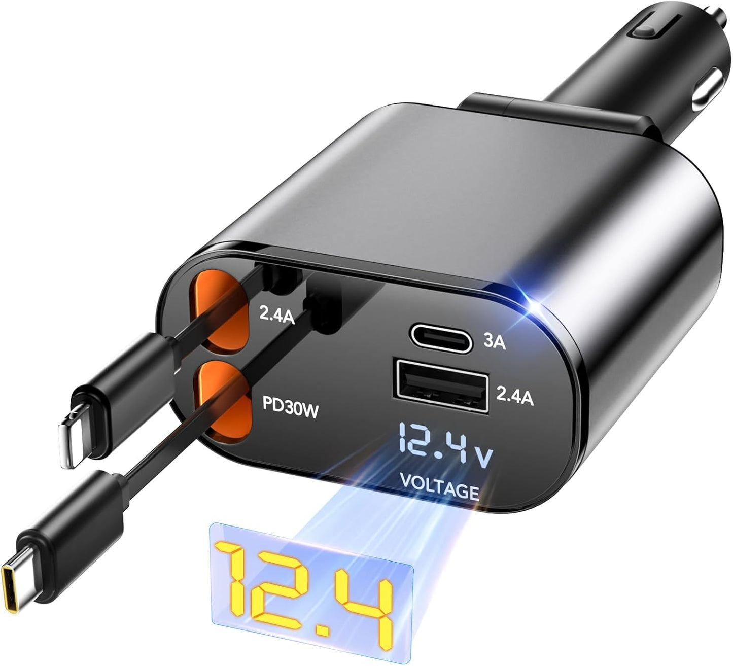 4 in 1 Fast Car Charger 66W, 2 Retractable Cables and USB Car Charger