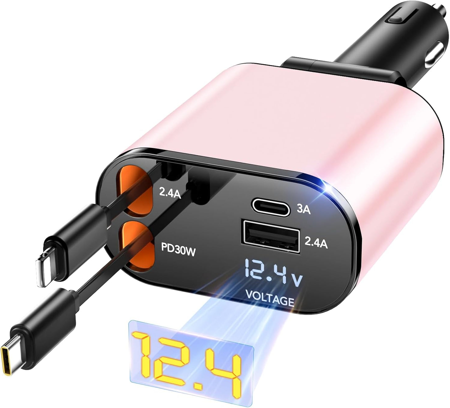 4 in 1 Fast Car Charger 66W, 2 Retractable Cables and USB Car Charger
