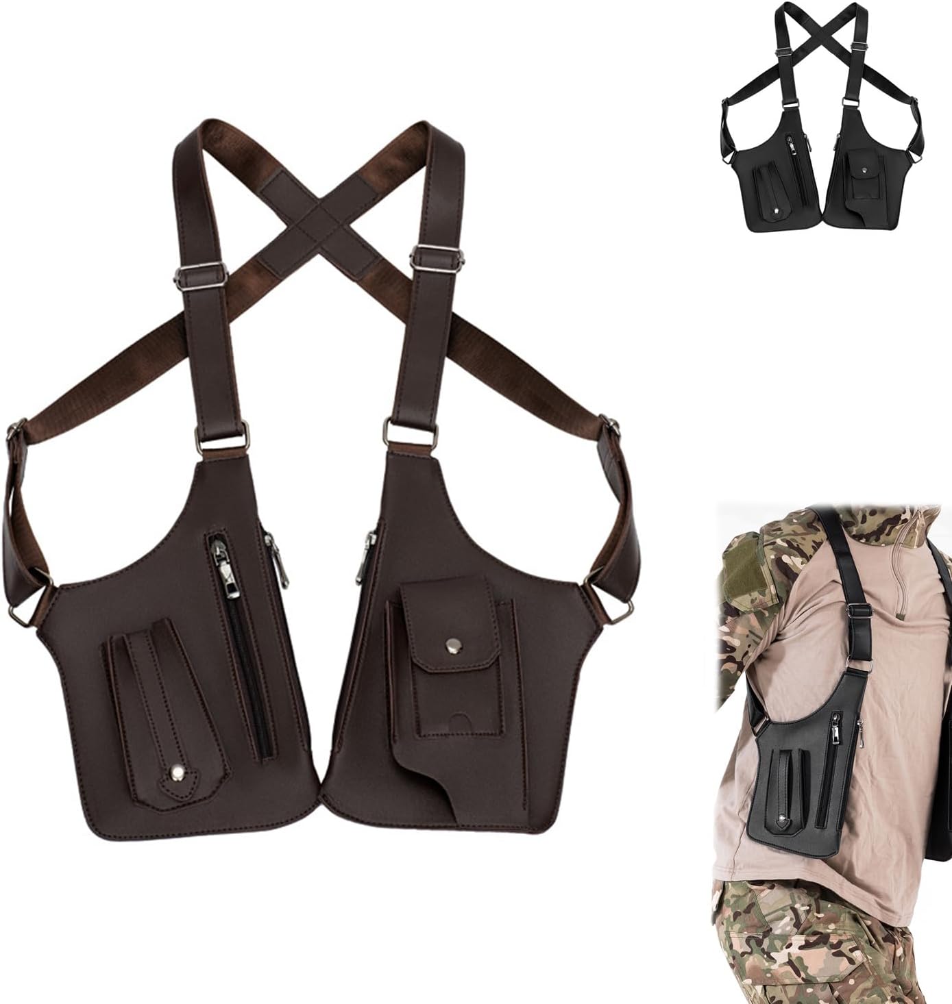 Double Shoulder Strap Multi-Pocket Outdoor Anti-Theft Tactical Vest Chest Bag Waterproof PU Leather Men's Back Crossbody Bags