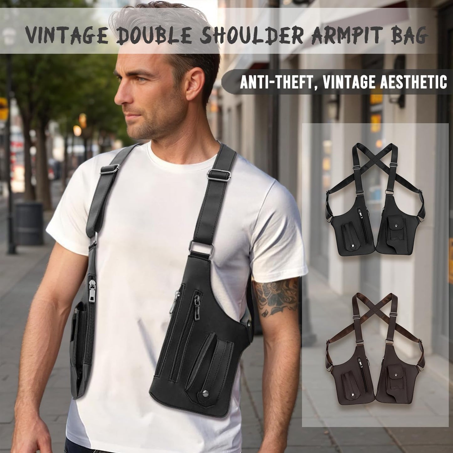 Double Shoulder Strap Multi-Pocket Outdoor Anti-Theft Tactical Vest Chest Bag Waterproof PU Leather Men's Back Crossbody Bags