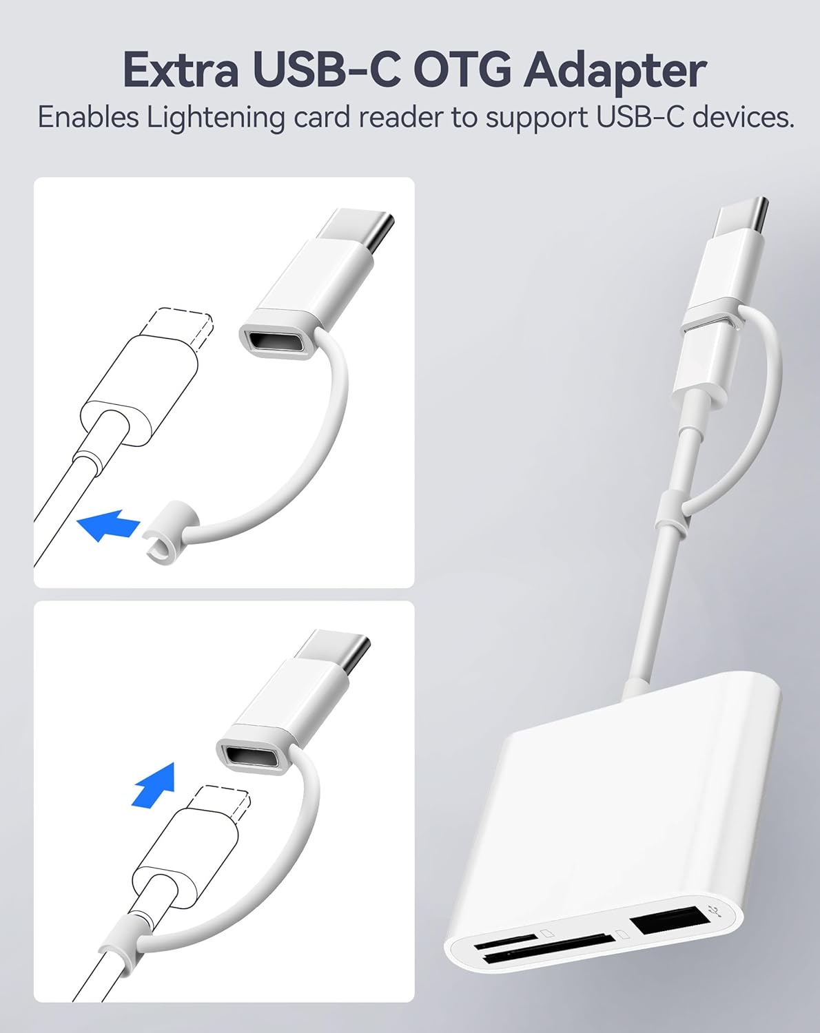 3 in 1 Memory SD Card Adapter with Dual Card Slots & USB-A Port