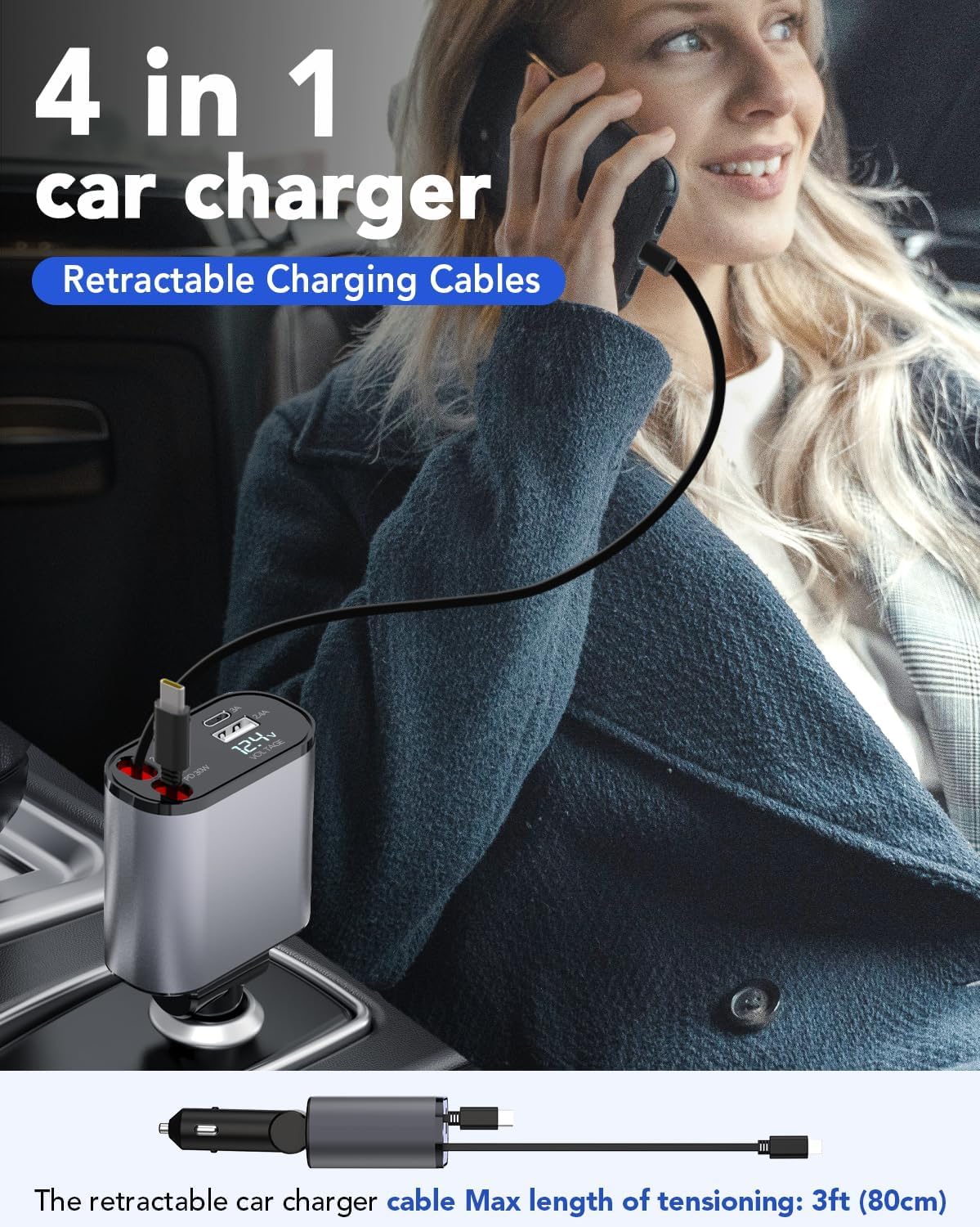 4 in 1 Fast Car Charger 66W, 2 Retractable Cables and USB Car Charger