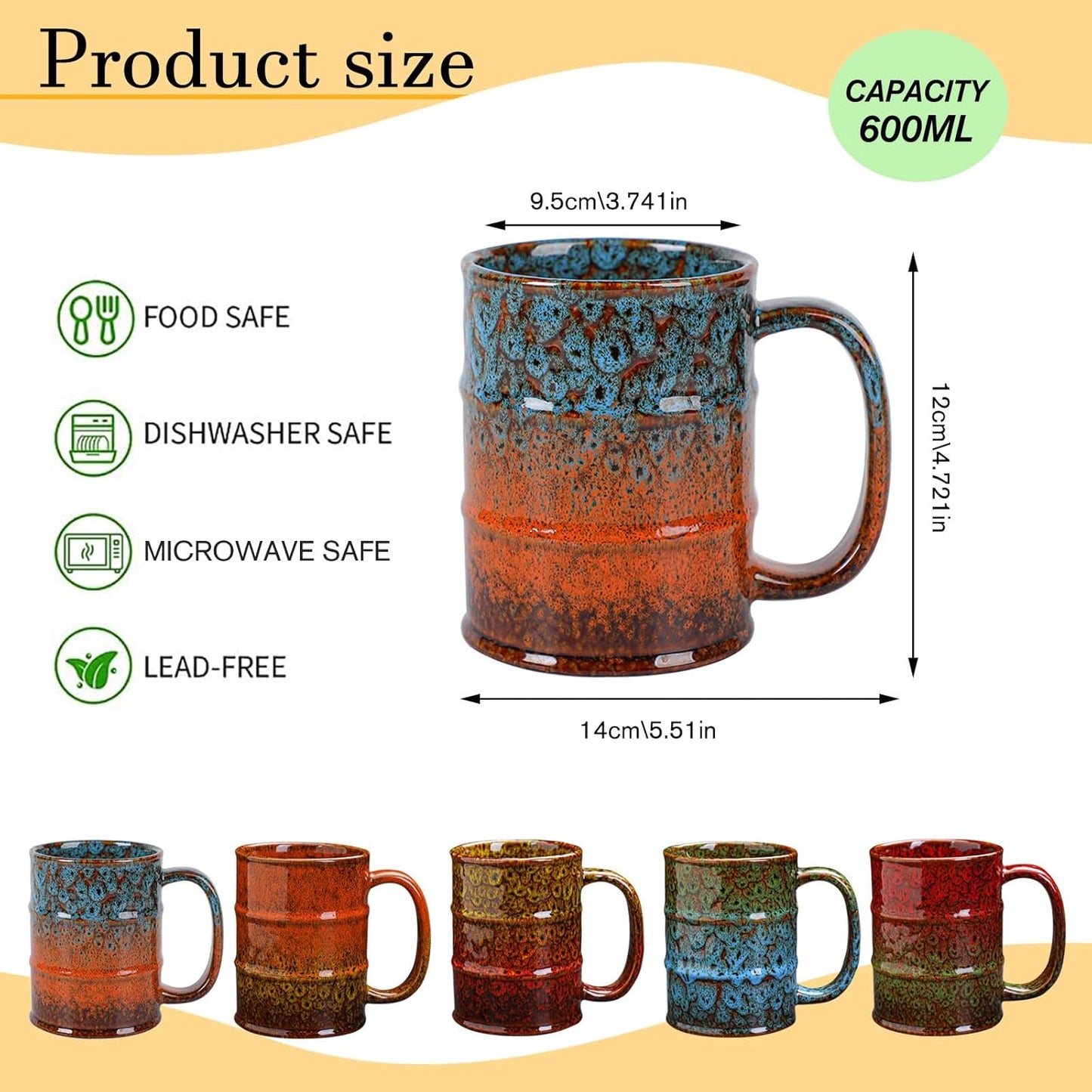 Ceramic 20 oz Coffee Mugs - Large Tea Cup for Office and Home
