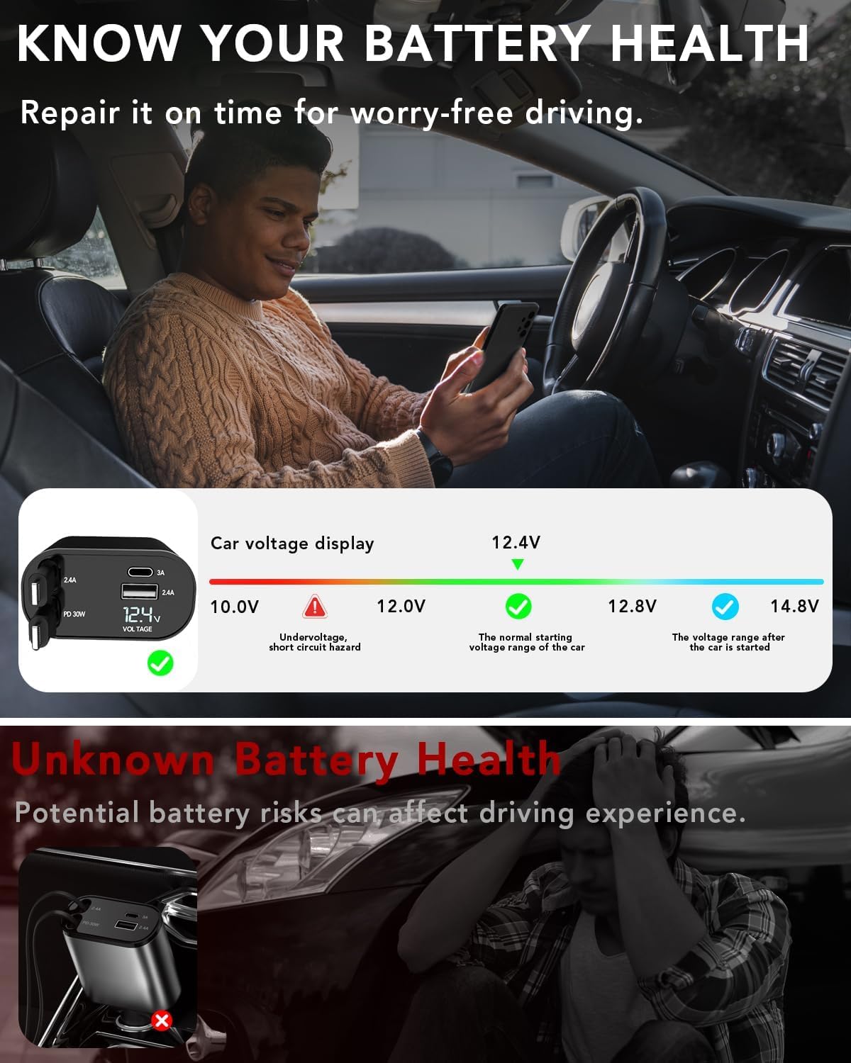 4 in 1 Fast Car Charger 66W, 2 Retractable Cables and USB Car Charger