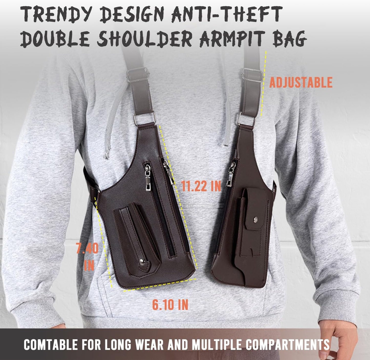 Double Shoulder Strap Multi-Pocket Outdoor Anti-Theft Tactical Vest Chest Bag Waterproof PU Leather Men's Back Crossbody Bags