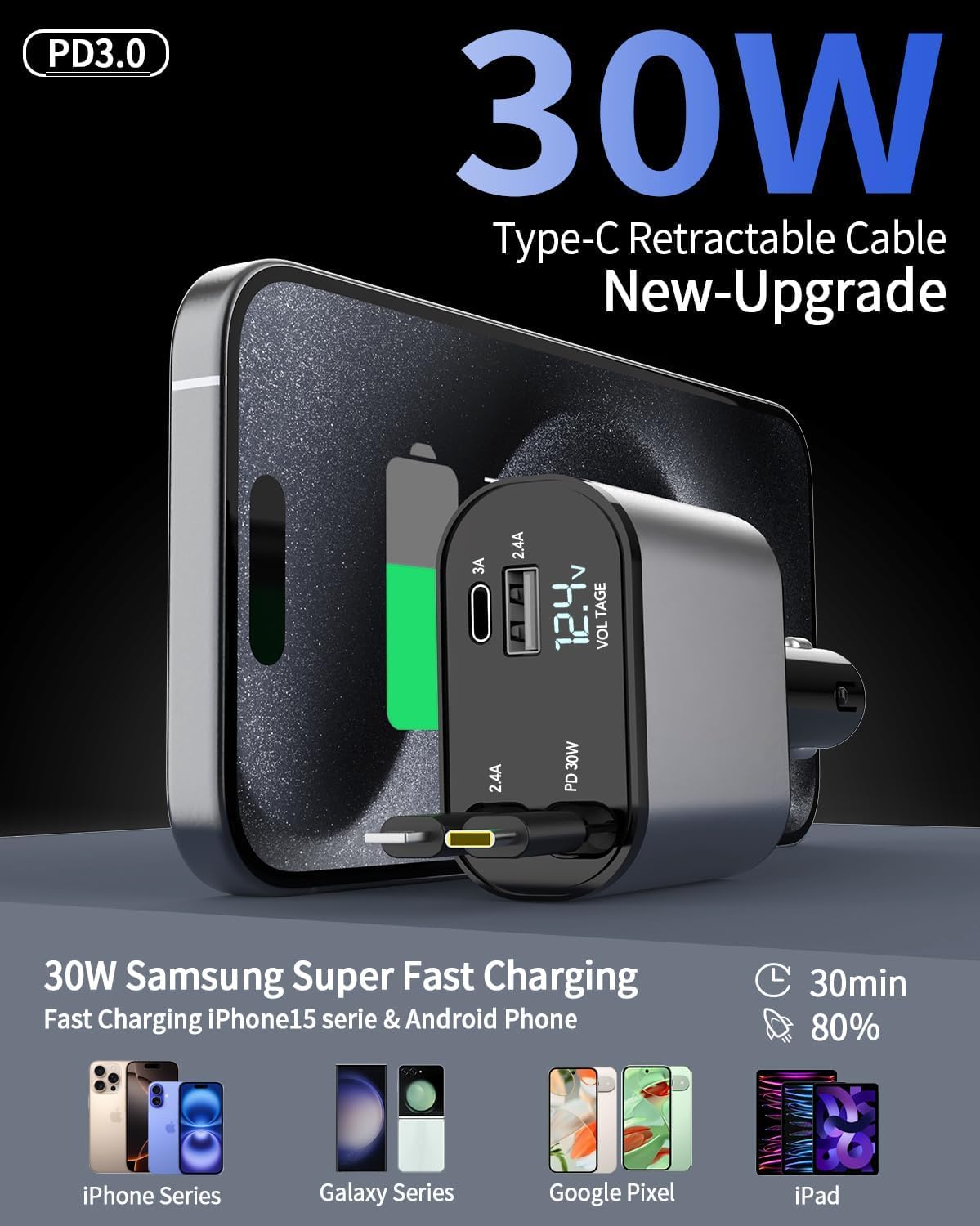 4 in 1 Fast Car Charger 66W, 2 Retractable Cables and USB Car Charger