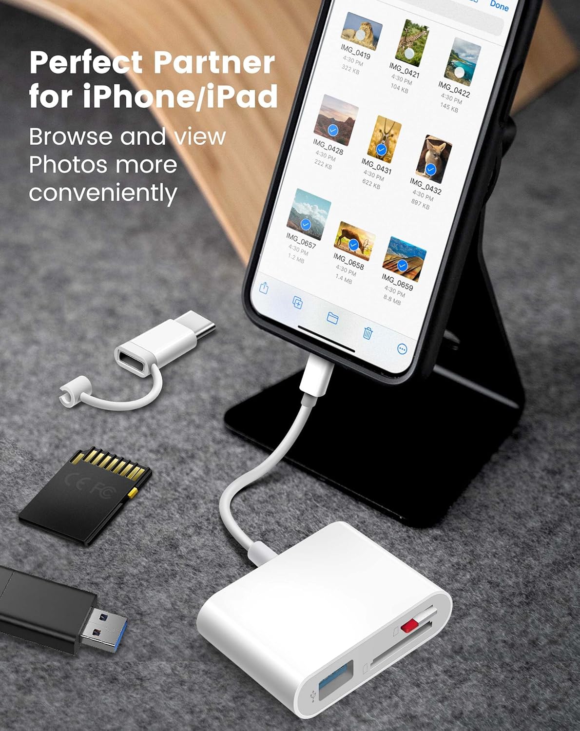 3 in 1 Memory SD Card Adapter with Dual Card Slots & USB-A Port