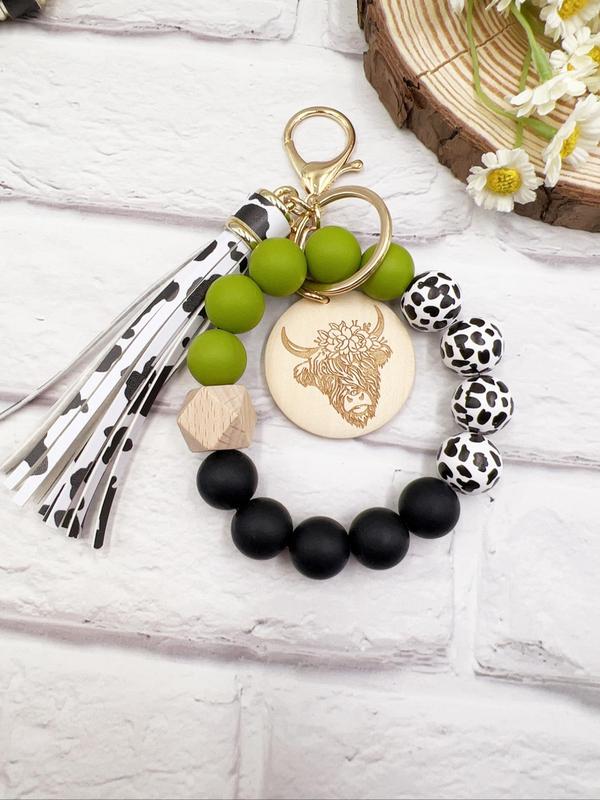 Unisex Boho Style Cow Pattern Beaded Pendant Keychain for Car Keys