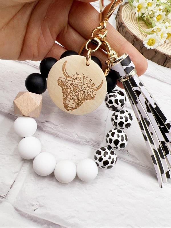Unisex Boho Style Cow Pattern Beaded Pendant Keychain for Car Keys