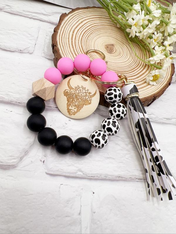Unisex Boho Style Cow Pattern Beaded Pendant Keychain for Car Keys