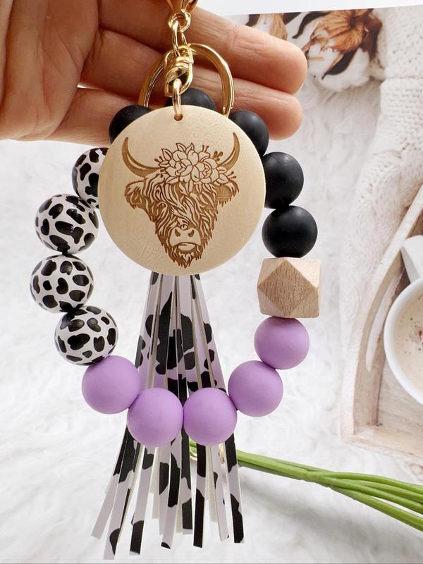 Unisex Boho Style Cow Pattern Beaded Pendant Keychain for Car Keys