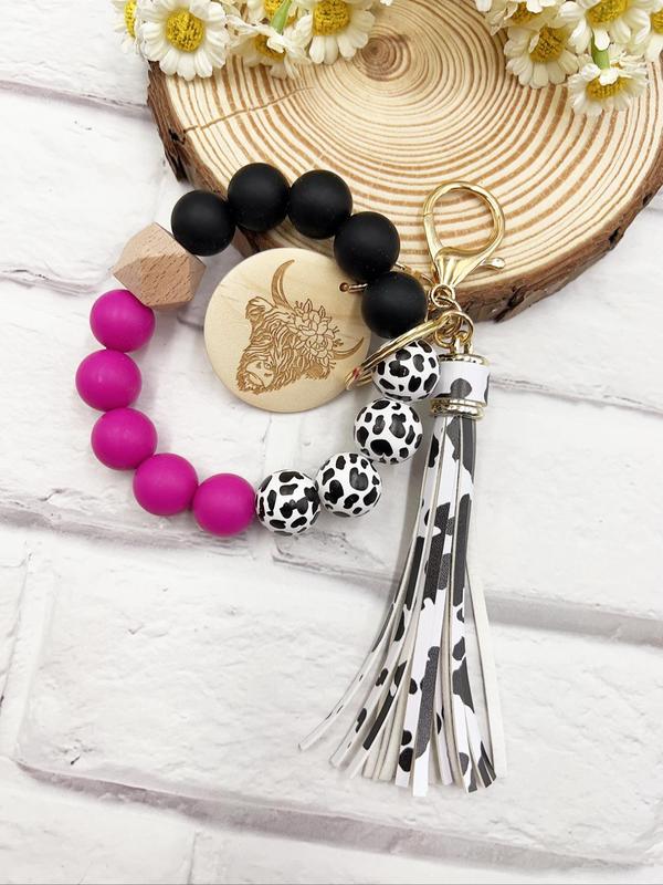 Unisex Boho Style Cow Pattern Beaded Pendant Keychain for Car Keys