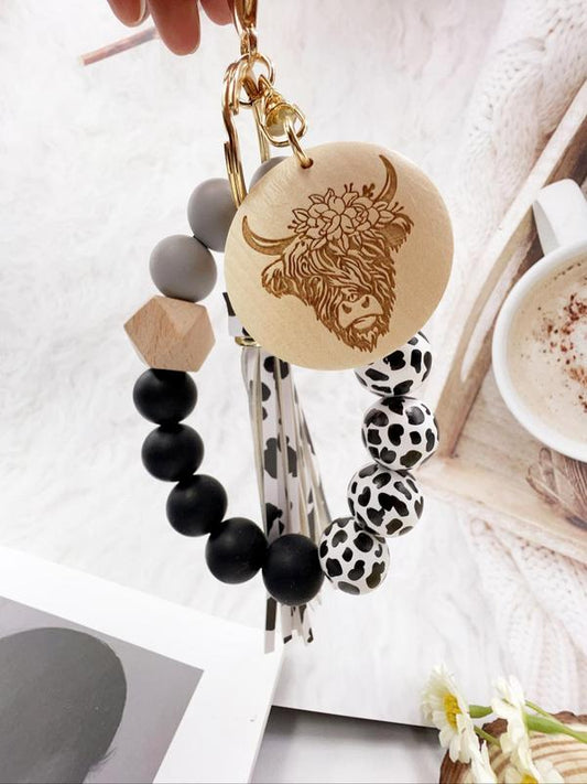 Unisex Boho Style Cow Pattern Beaded Pendant Keychain for Car Keys