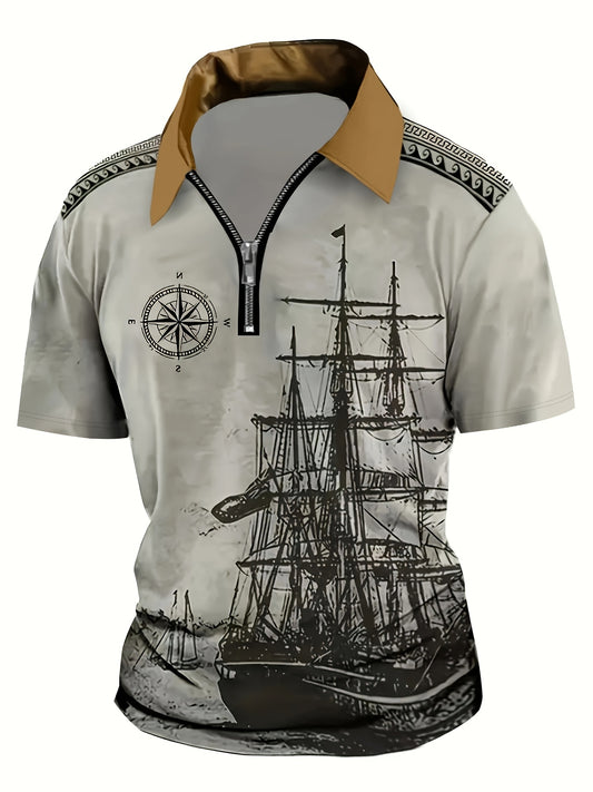 Men's Vintage Navy Ship Print Henley Shirt
