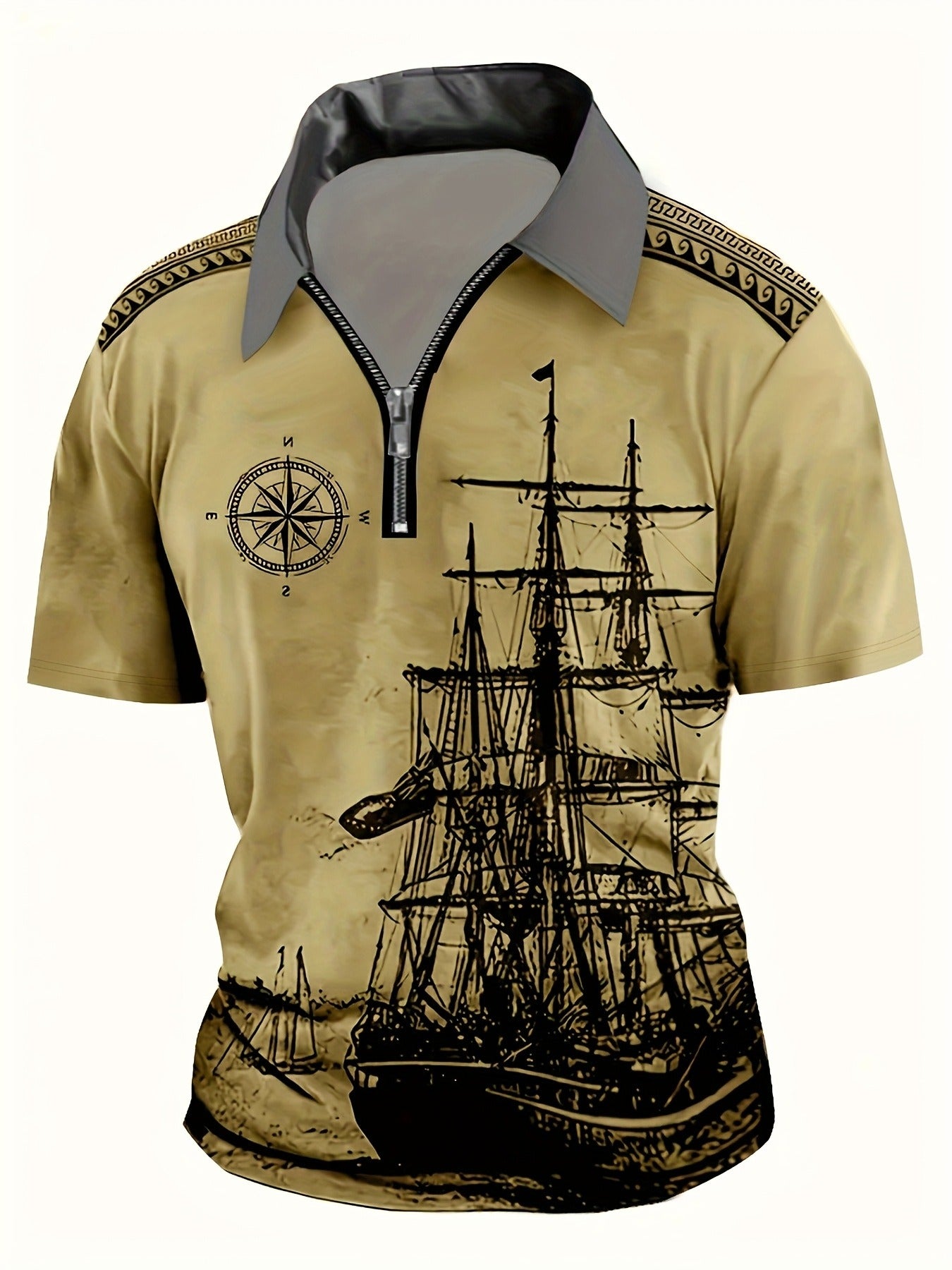 Men's Vintage Navy Ship Print Henley Shirt