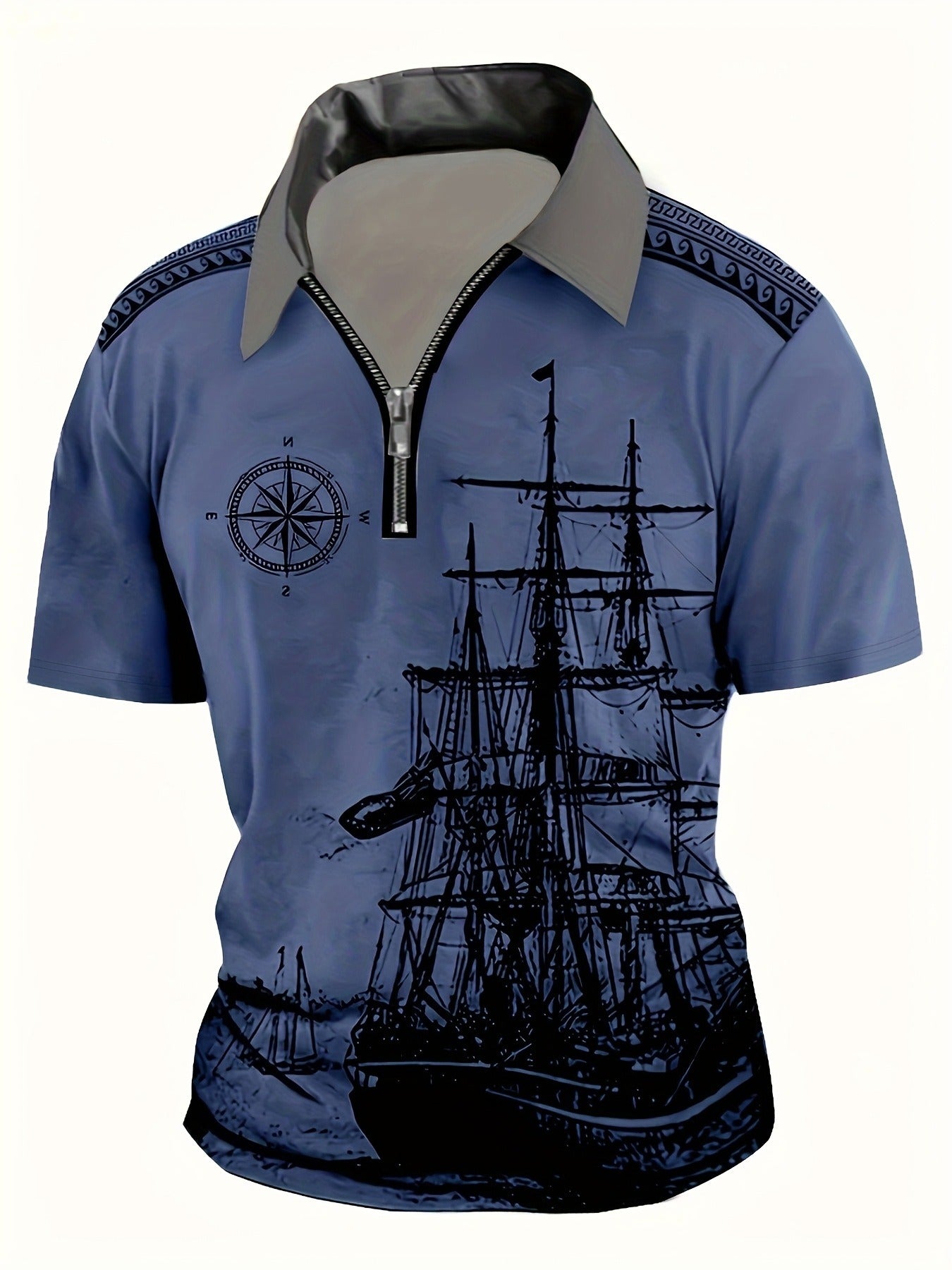 Men's Vintage Navy Ship Print Henley Shirt