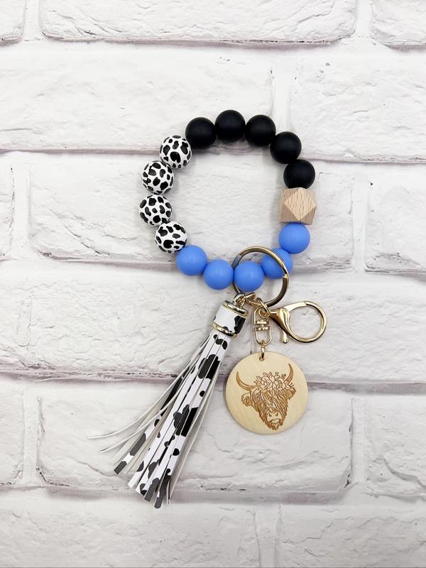 Unisex Boho Style Cow Pattern Beaded Pendant Keychain for Car Keys