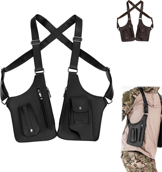 Double Shoulder Strap Multi-Pocket Outdoor Anti-Theft Tactical Vest Chest Bag Waterproof PU Leather Men's Back Crossbody Bags