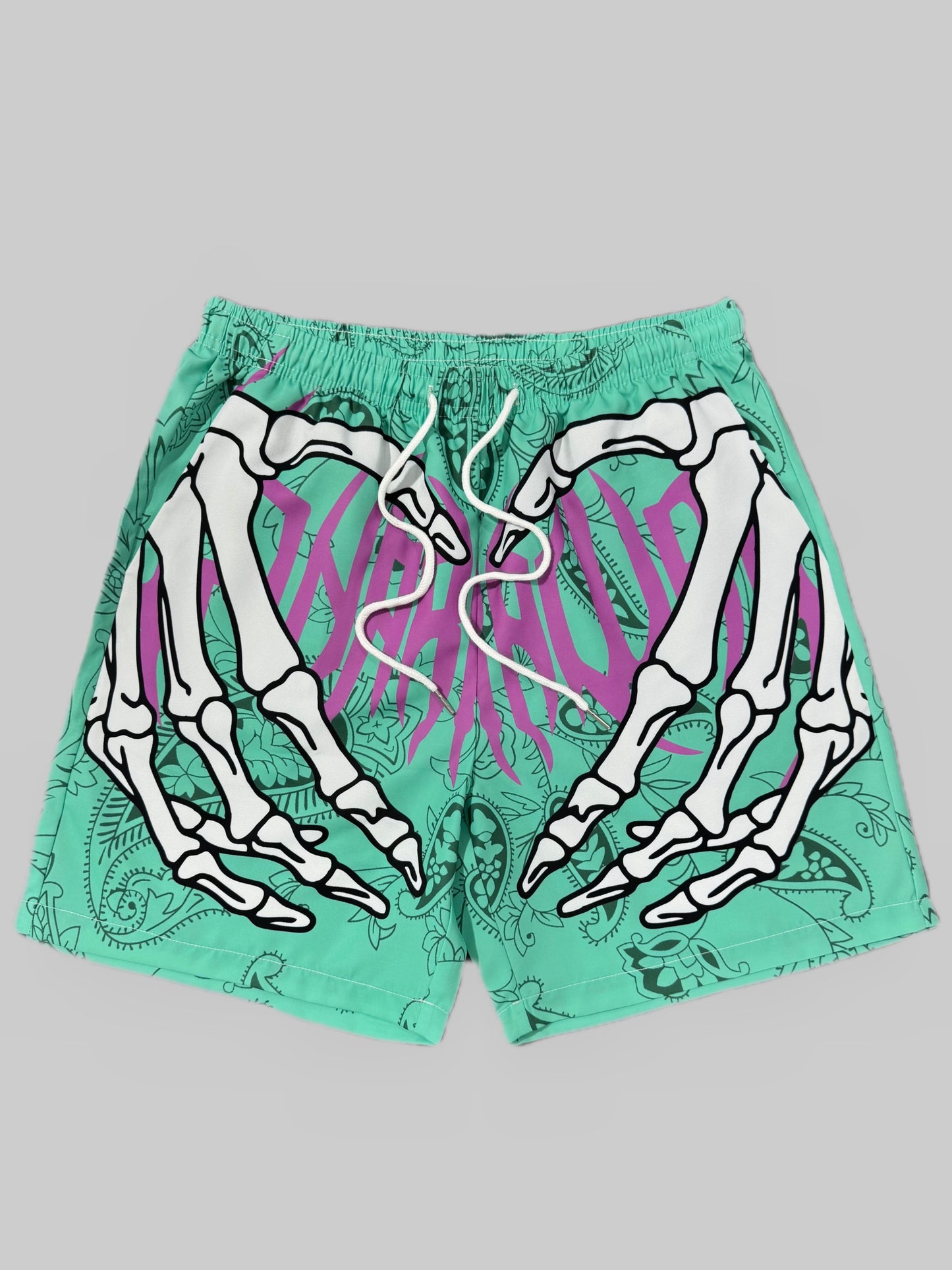 Men's Paisley And Skeleton Hand Pattern And Alphabet Print Shorts