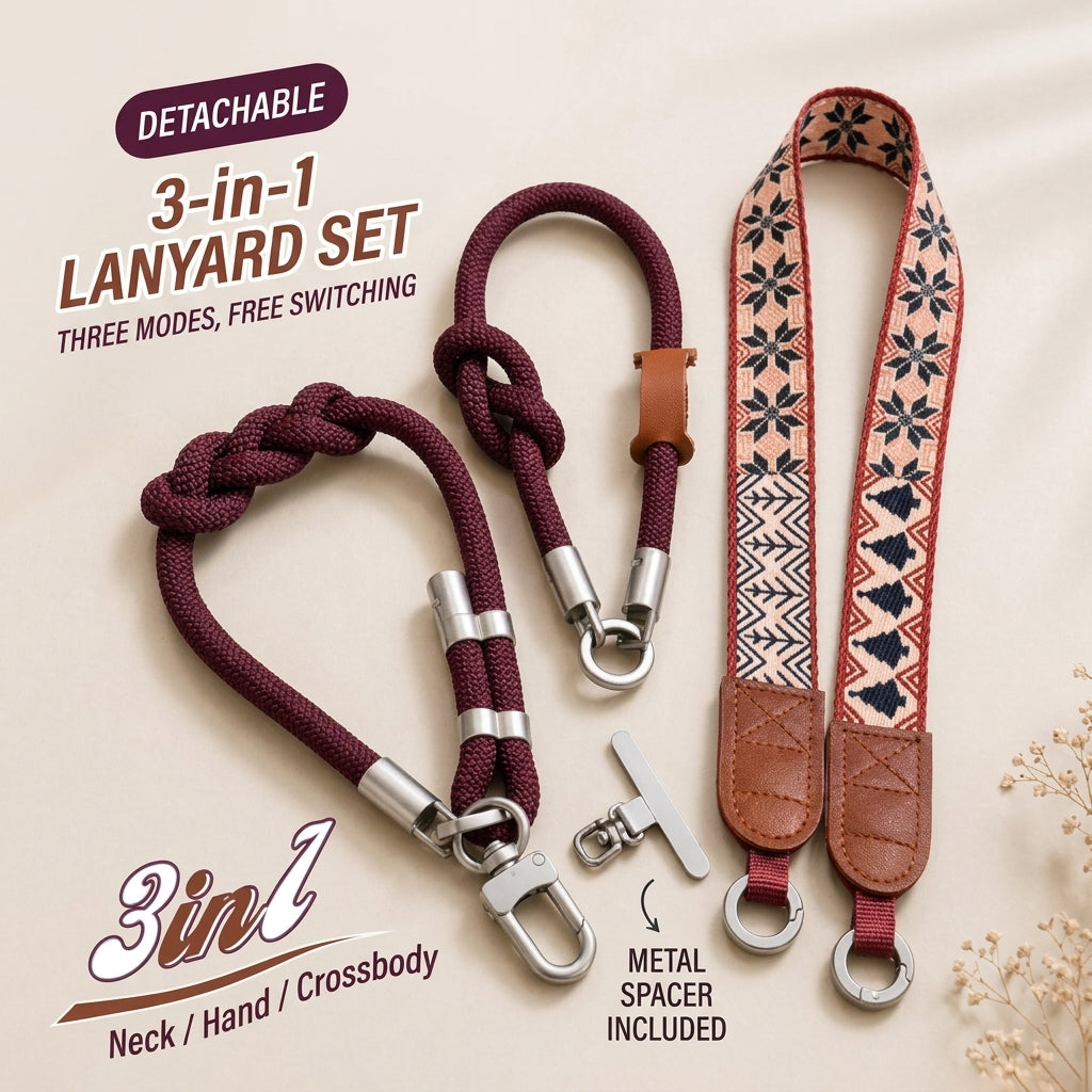 3-in-1 Detachable Padded Phone Lanyard – Reversible Woven Strap with Metal Patch