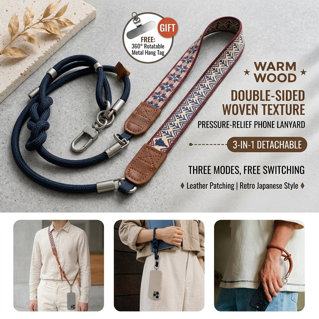 3-in-1 Detachable Padded Phone Lanyard – Reversible Woven Strap with Metal Patch