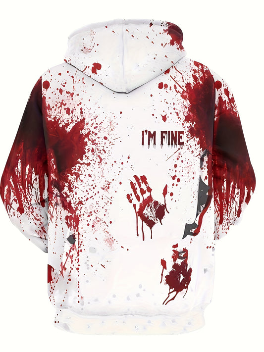 Men's "I'm Fine" Graphic White Hoodie with Red Blood Splatter & Handprint Design
