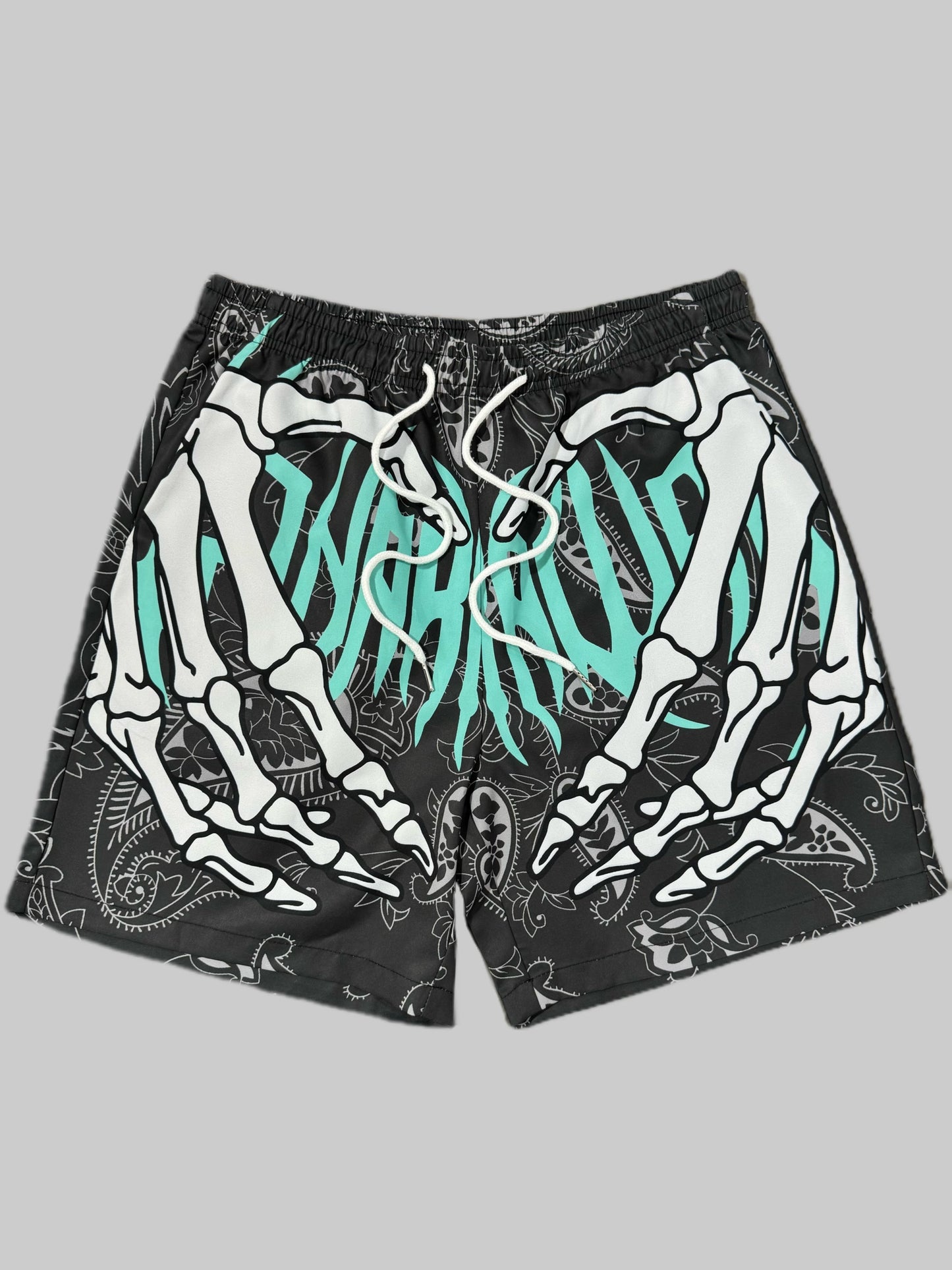 Men's Paisley And Skeleton Hand Pattern And Alphabet Print Shorts